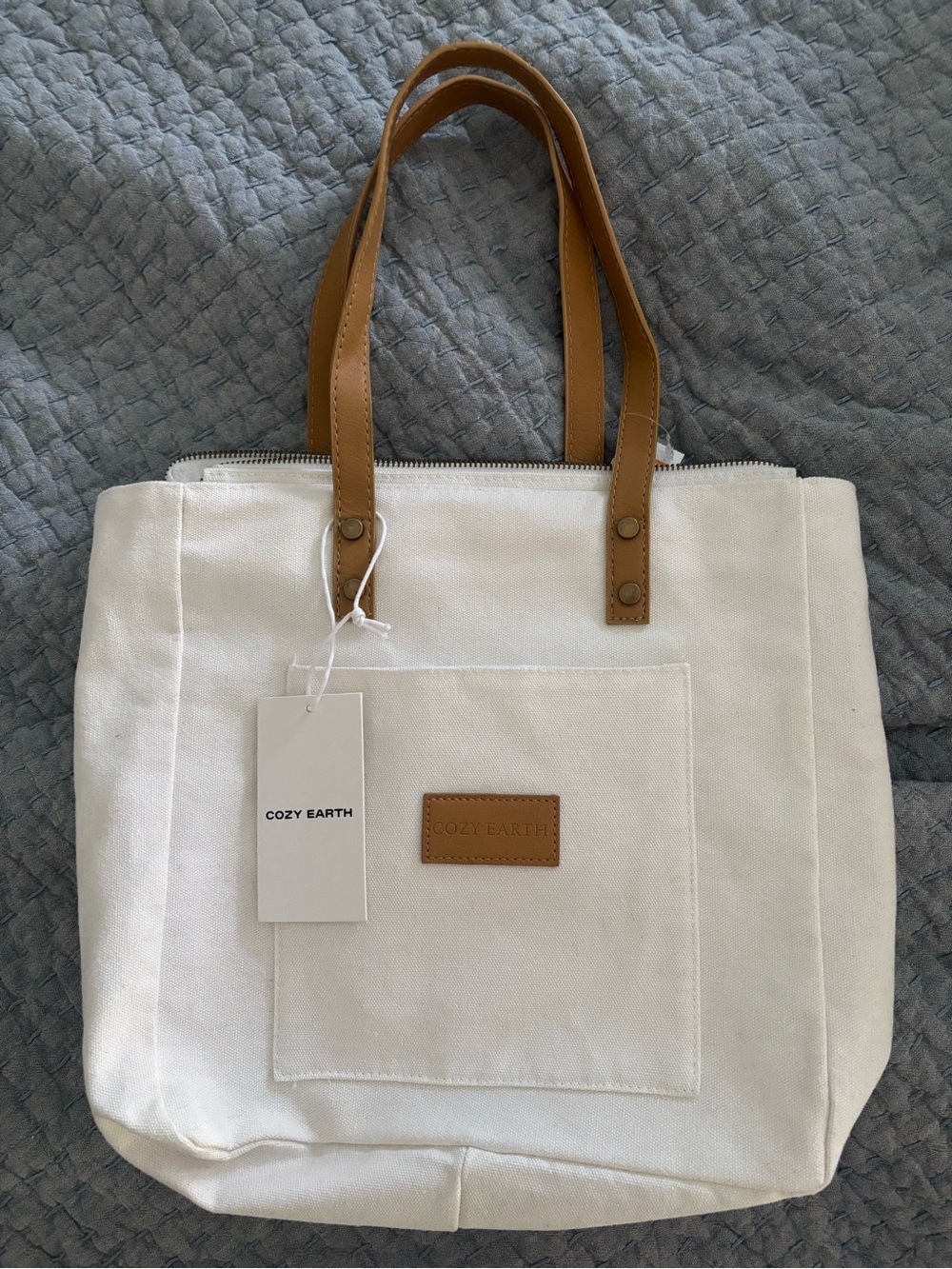 Cozy Earth White Canvas Tote with Tan Leather Handles